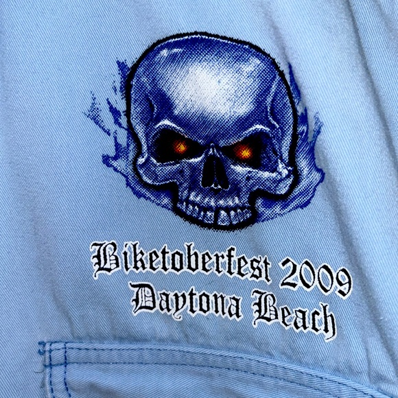 TWO MENS L BIKER SHIRT π WITH CUT OFF SLEEVES ONE YELLOW AND ONE BLUE - Picture 4 of 4